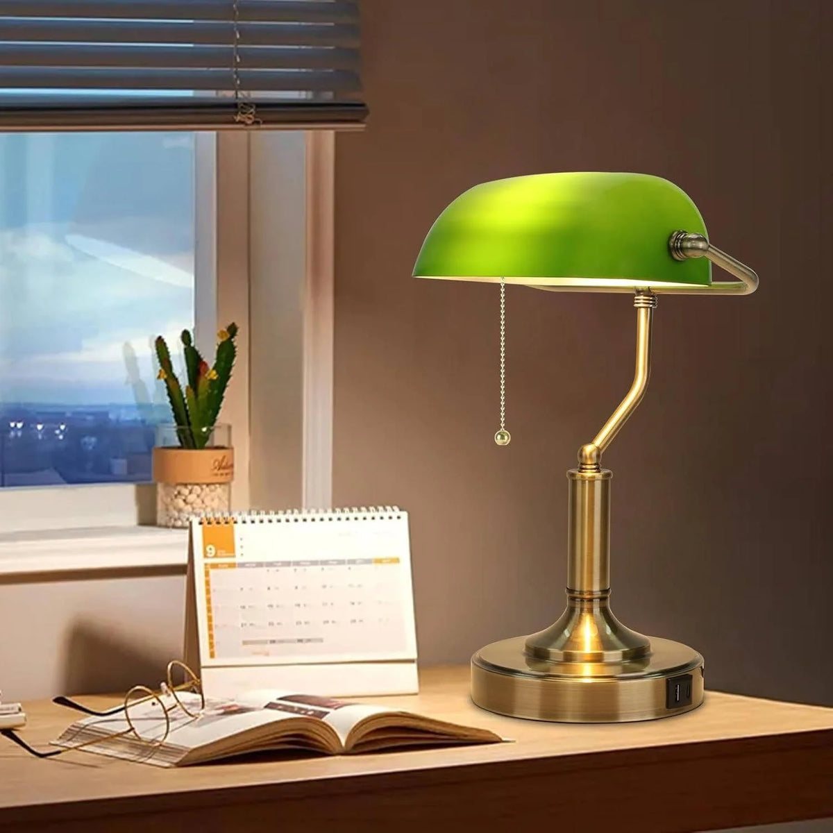 Desk Lamp Emerald Glass Dual USB Charging