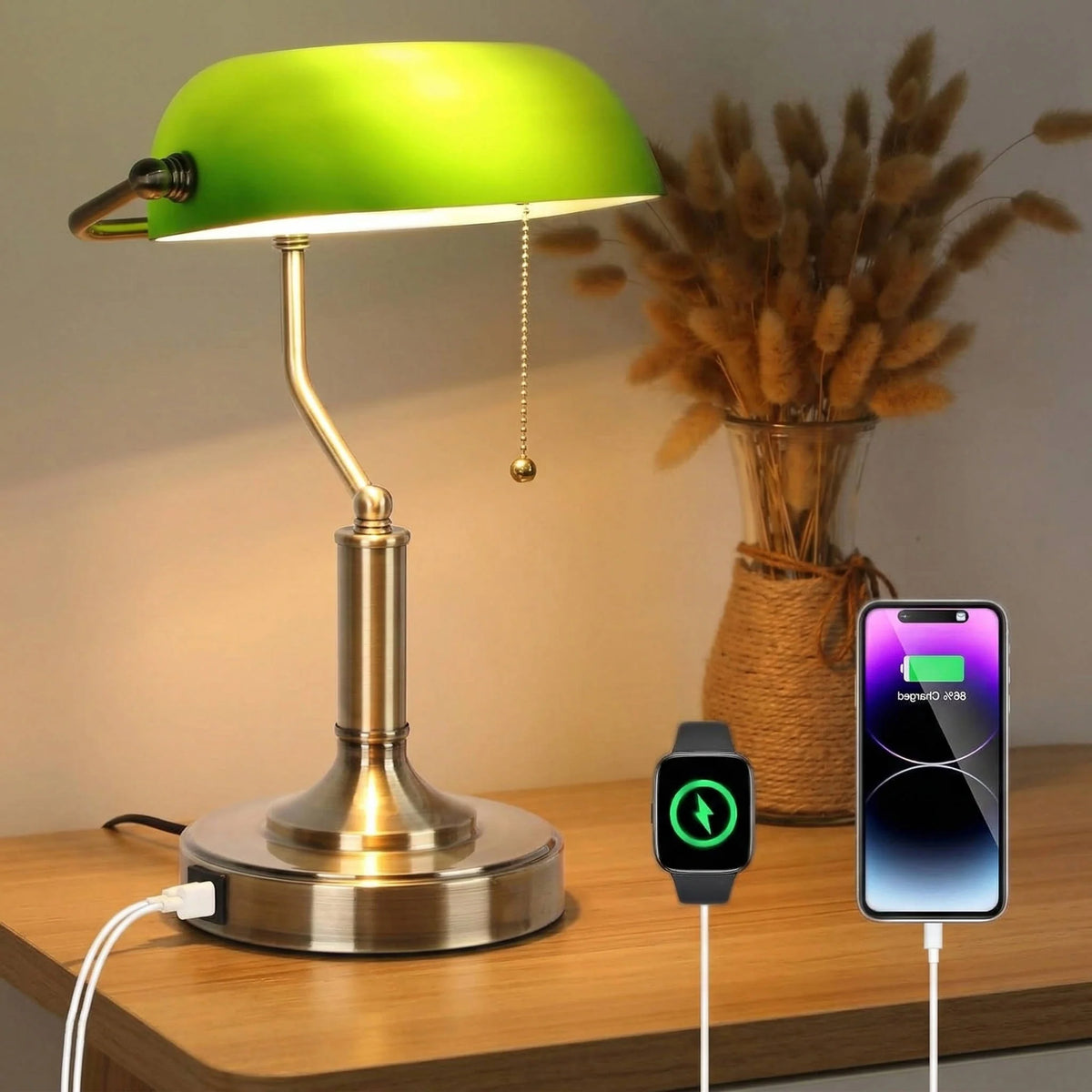 Desk Lamp Emerald Glass Shade & Dual USB Charging