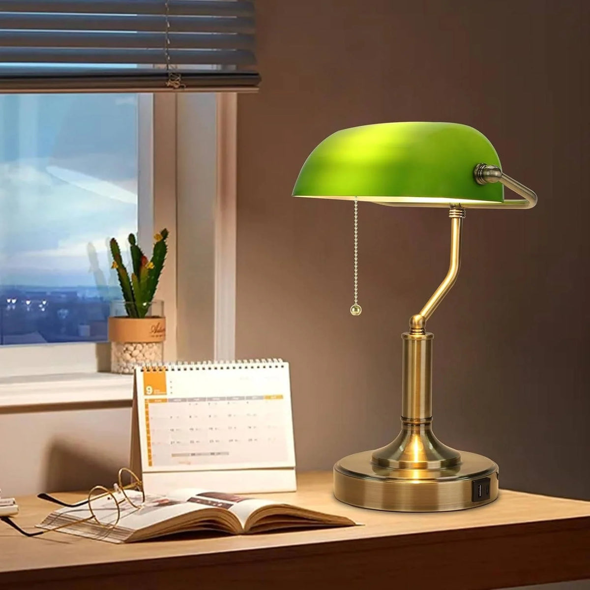 Desk Lamp Emerald Glass Shade & Dual USB Charging