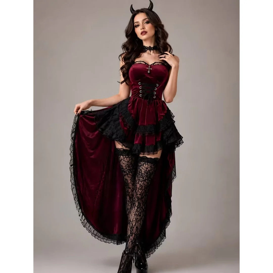 Devil Costume Gothic Lace Layered Skirt 4-Piece Set