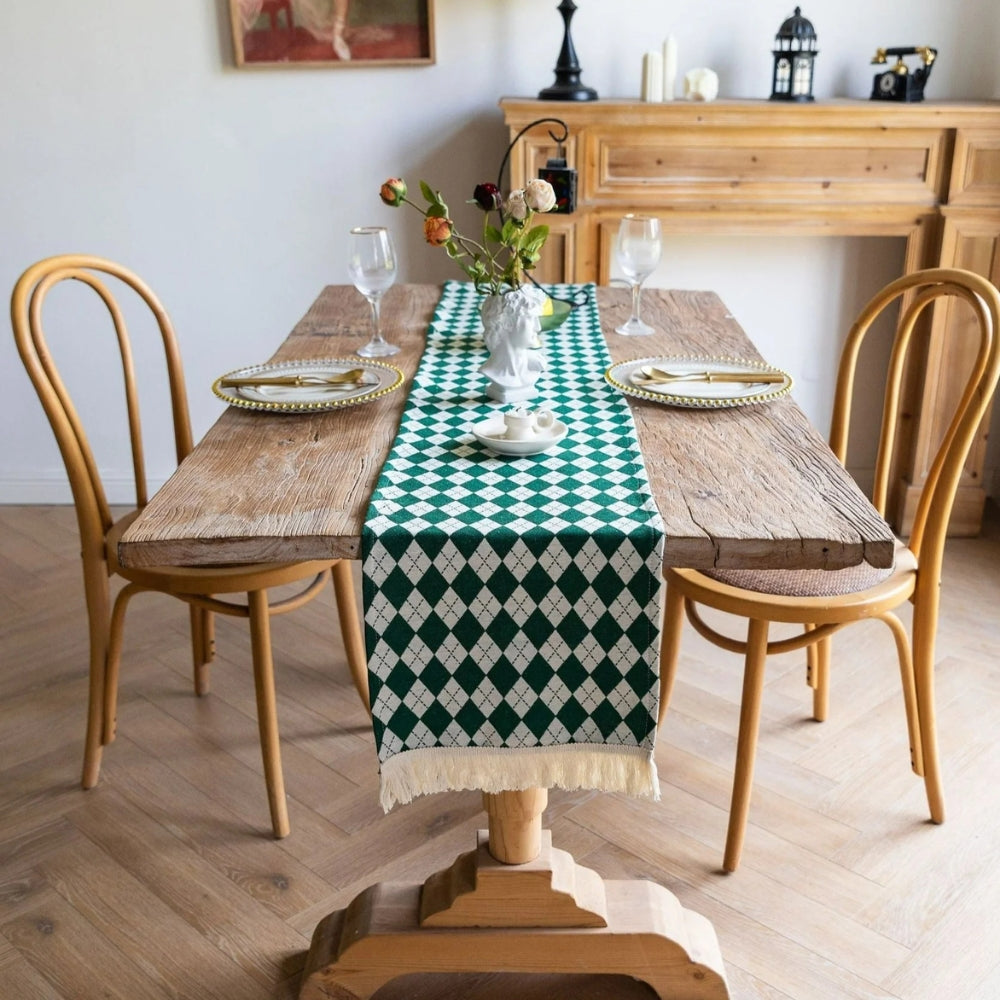 Diamond Checkered Tasseled Microfiber Table Runner
