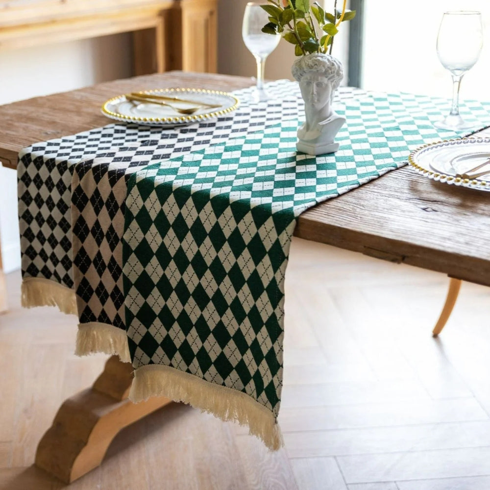 Diamond Checkered Tasseled Microfiber Table Runner