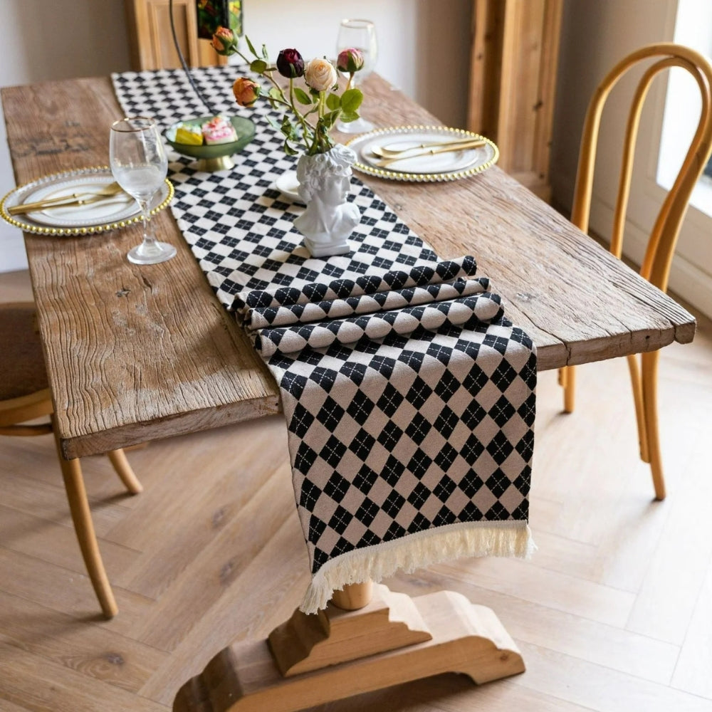 Diamond Checkered Tasseled Microfiber Table Runner