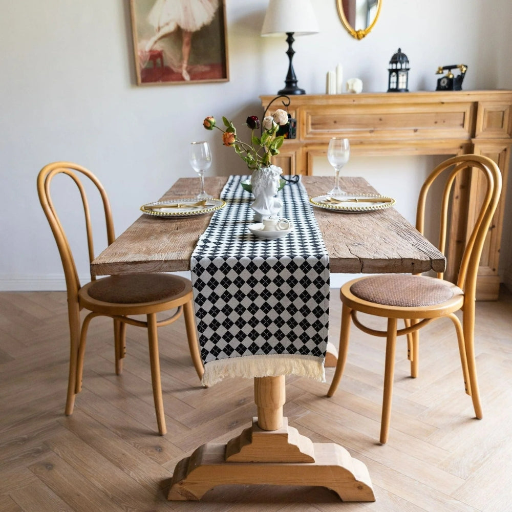 Diamond Checkered Tasseled Microfiber Table Runner