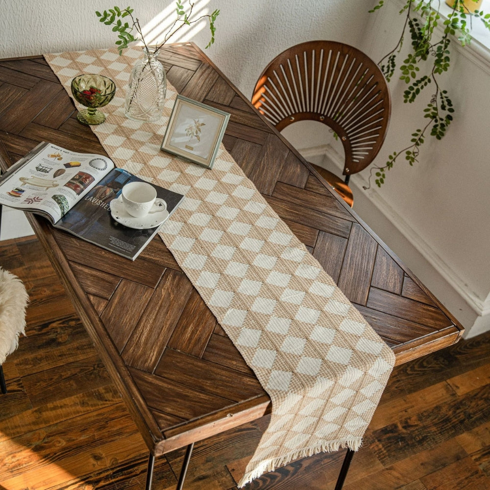 Diamond Stitch Tassel Fringe Microfiber Table Runner (Spot Clean Only)