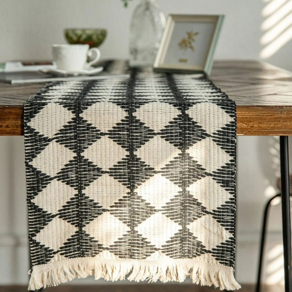 Diamond Stitch Tassel Fringe Microfiber Table Runner (Spot Clean Only)