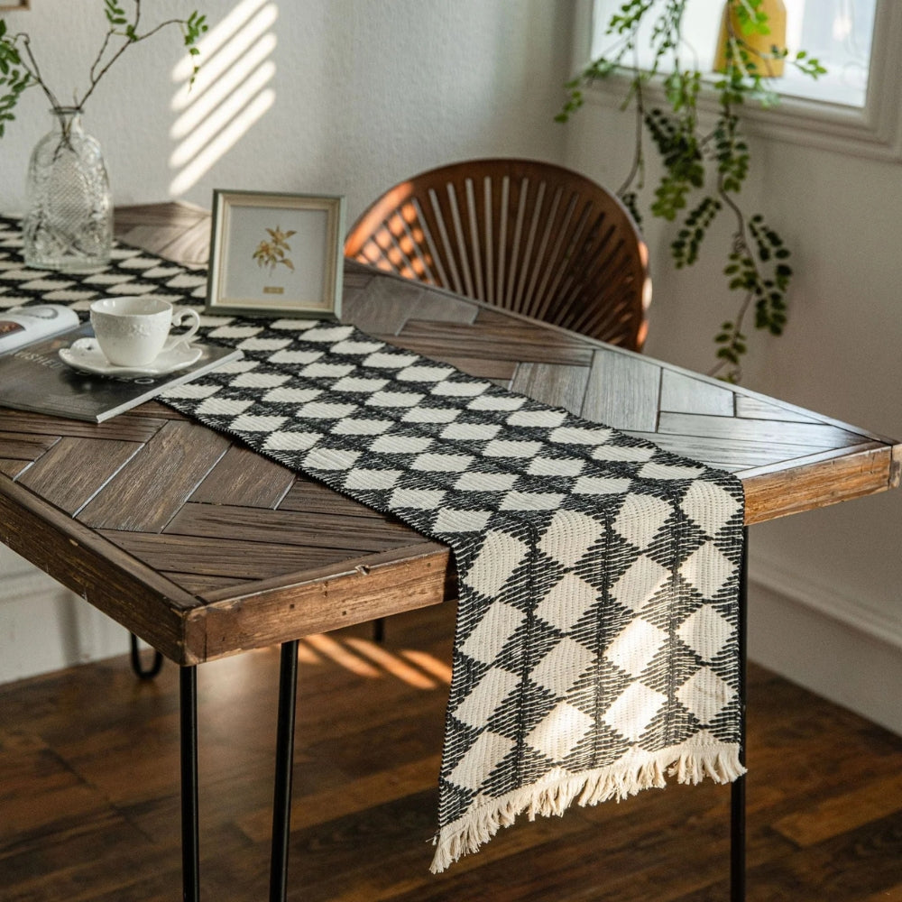 Diamond Stitch Tassel Fringe Microfiber Table Runner (Spot Clean Only)
