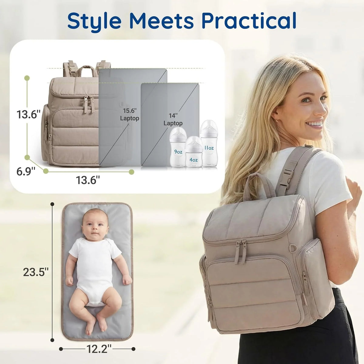 Diaper Backpack Insulated Bottle Pockets & Divided Interior