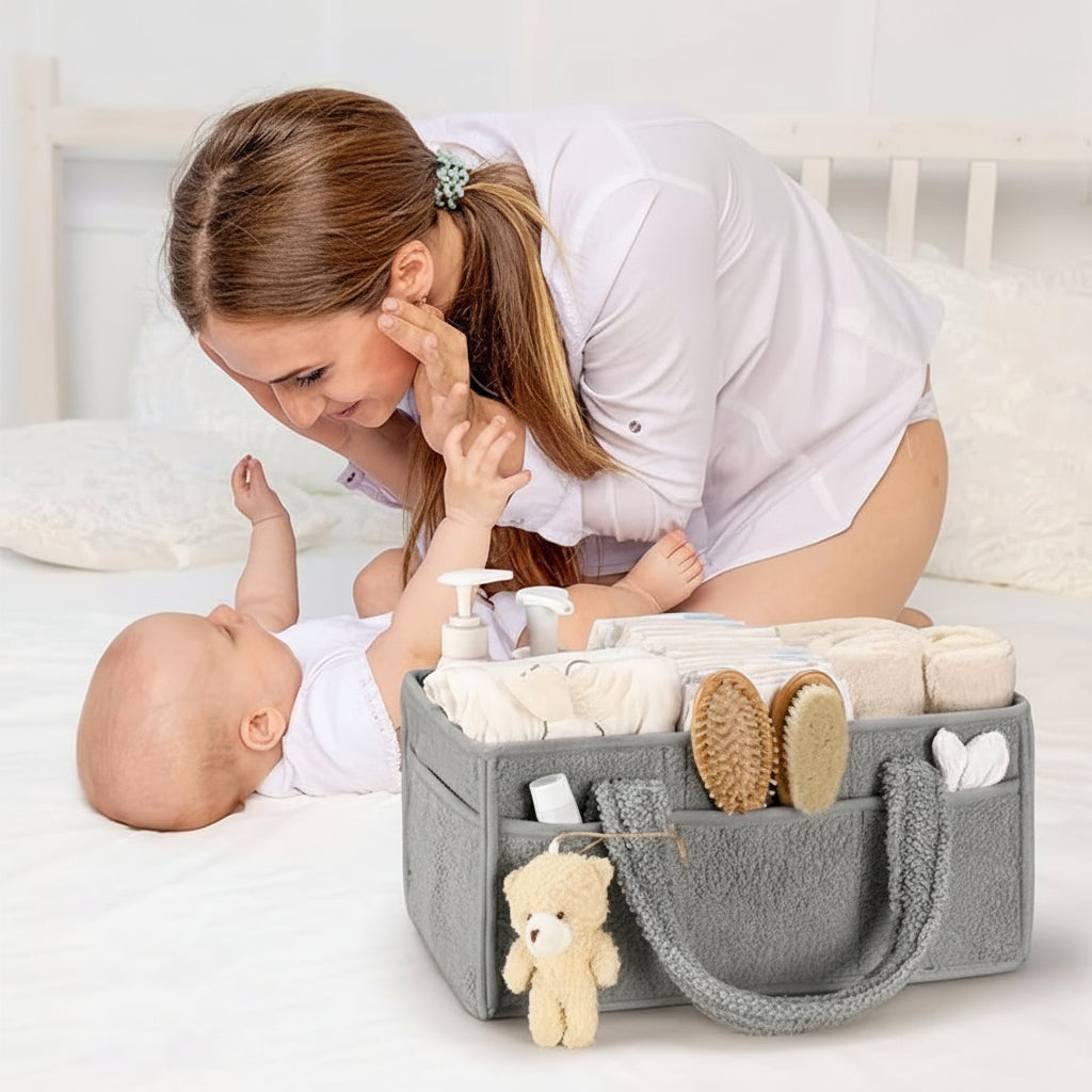 Diaper Caddy Plush Sherpa Adjustable Dividers & Multiple Compartments