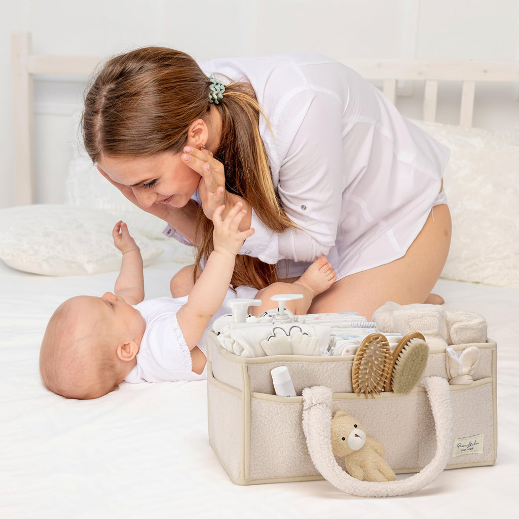 Diaper Caddy Plush Sherpa Adjustable Dividers & Multiple Compartments