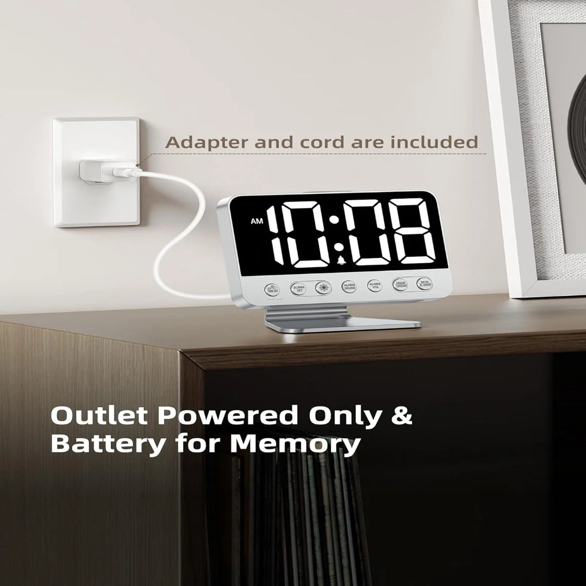 Digital Alarm Clock 2-Inch Display Battery Backup & USB Charging