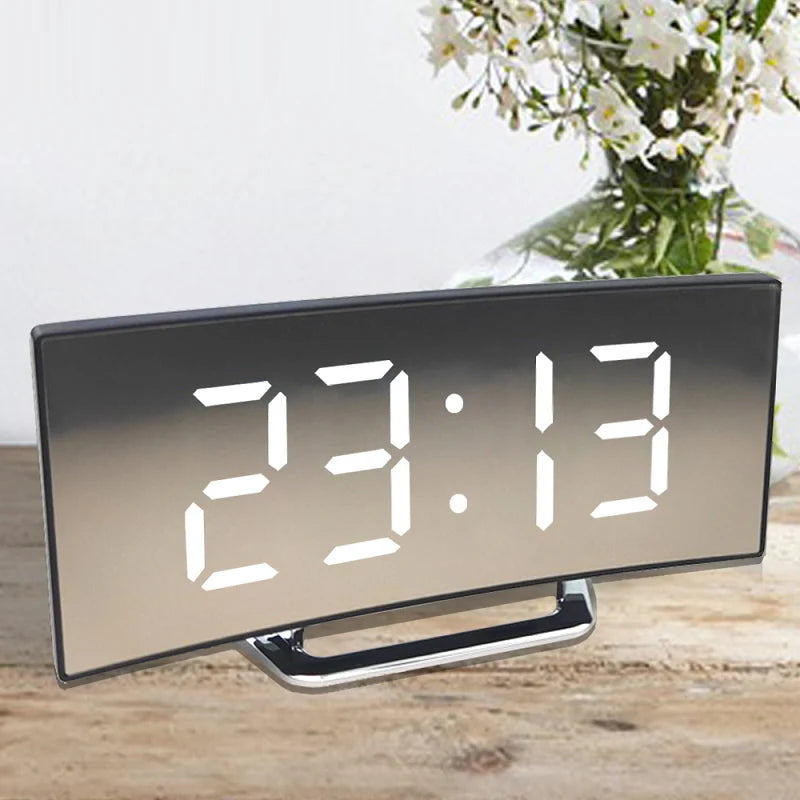 Digital Alarm Clock Curved LED Mirror Auto Dimming