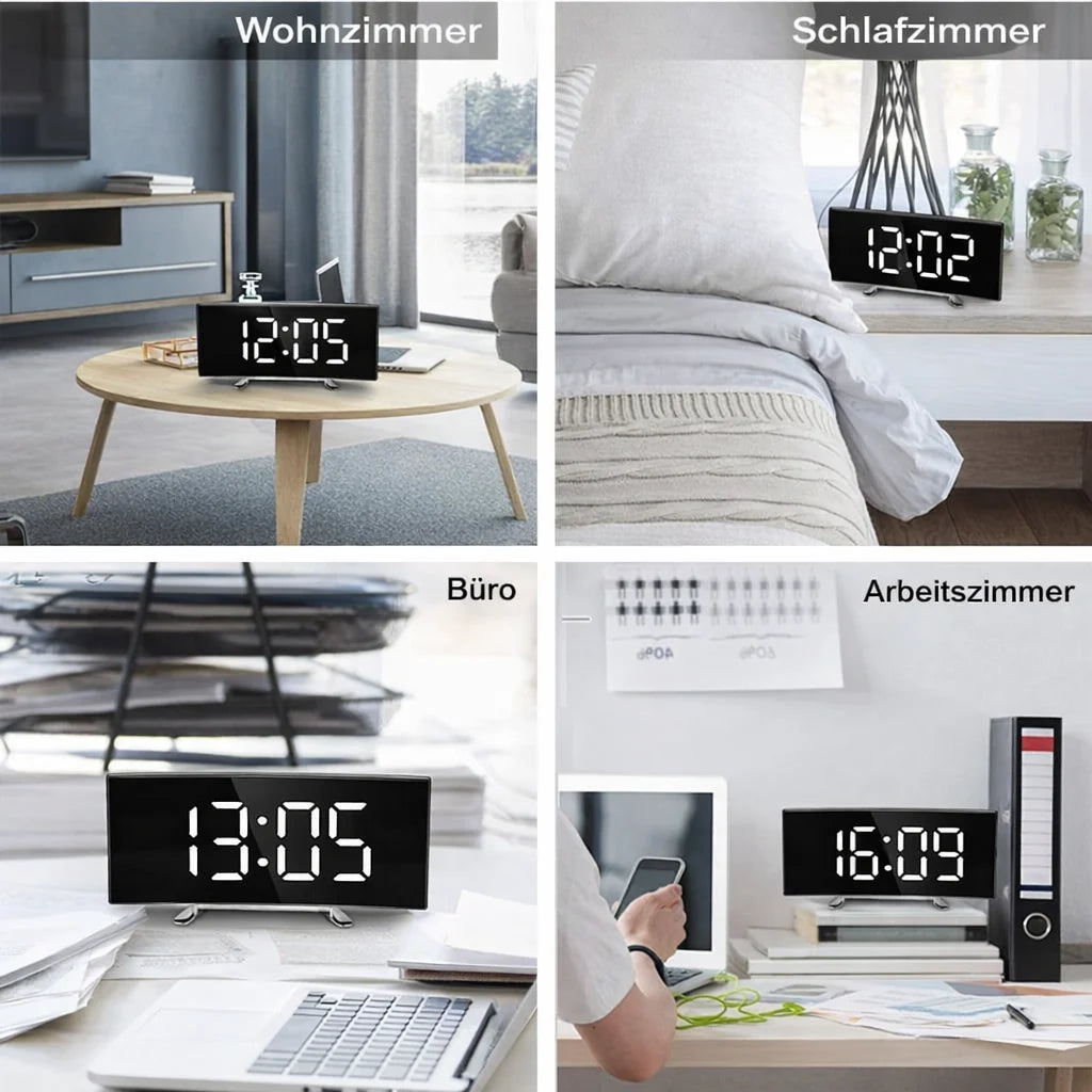 Digital Alarm Clock Curved LED Mirror Auto Dimming