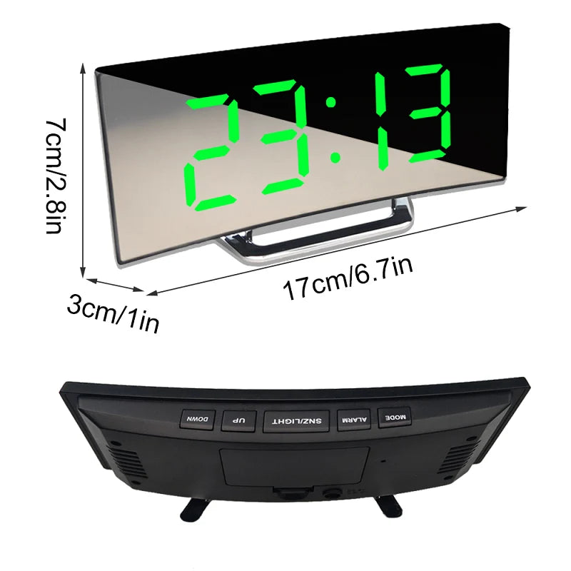 Digital Alarm Clock Curved LED Mirror Auto Dimming