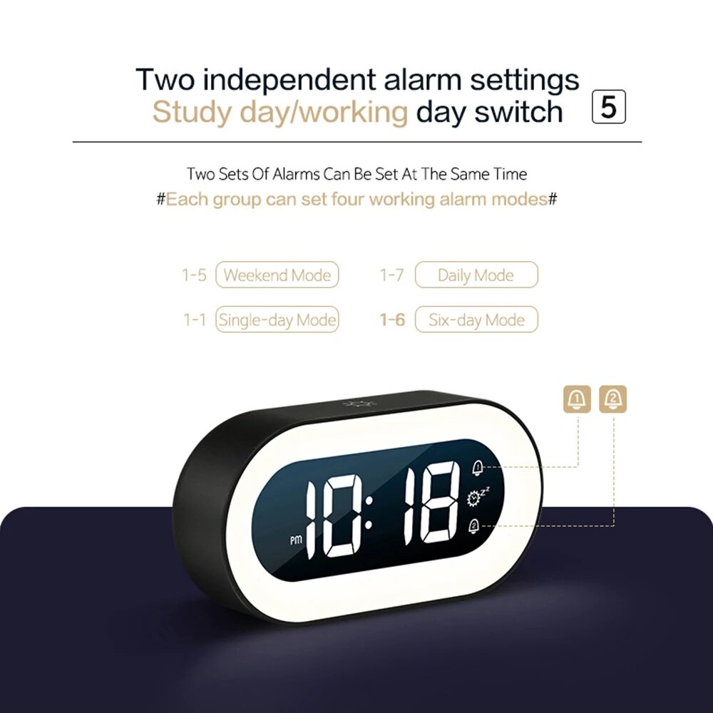 Digital Alarm Clock Dimmable Night Light & Soothing Sounds