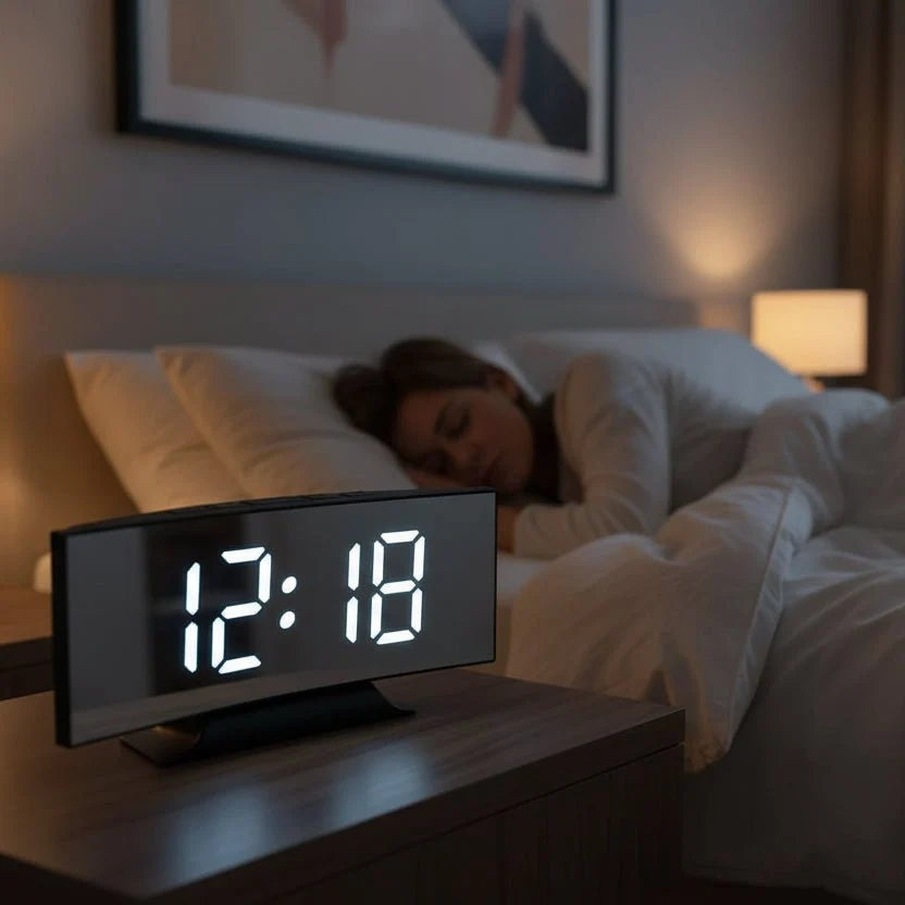 Digital Alarm Clock Large LED Display Silent Operation Mirror Gloss Finish