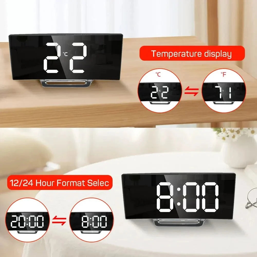 Digital Alarm Clock Large LED Display Silent Operation Mirror Gloss Finish