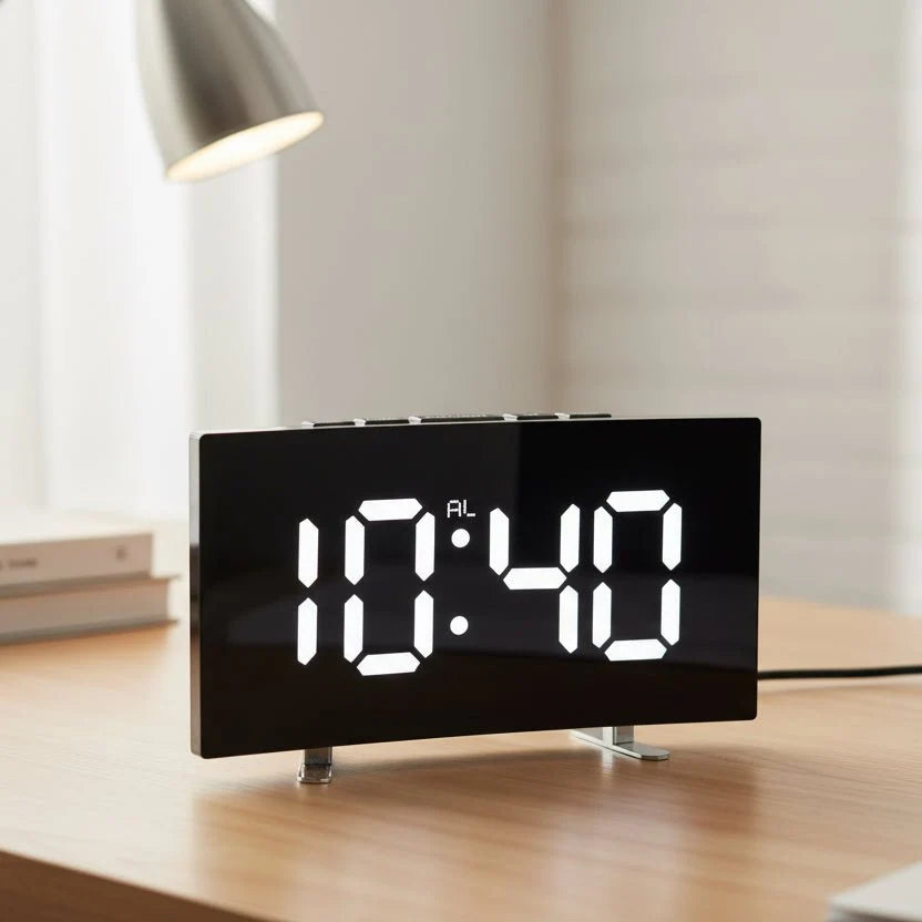 Digital Alarm Clock Large LED Display Silent Operation Mirror Gloss Finish