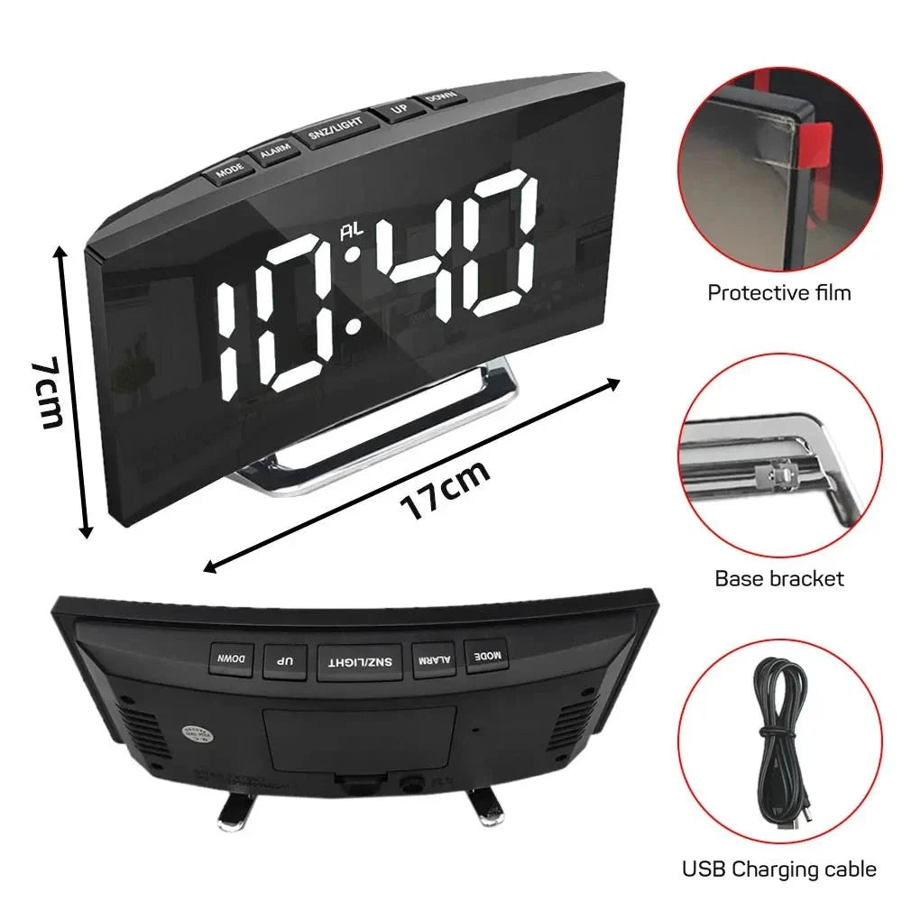 Digital Alarm Clock Large LED Display Silent Operation Mirror Gloss Finish