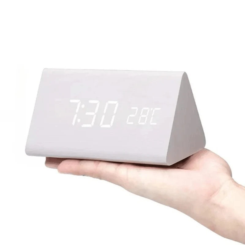 Digital Alarm Clock Wood Grain LED Time & Temperature