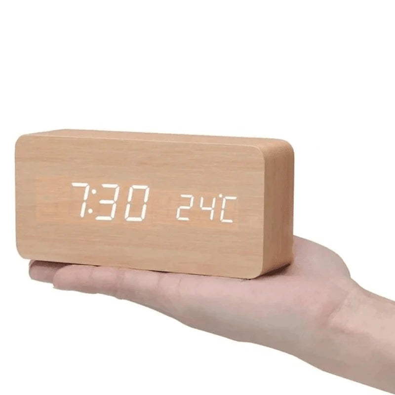 Digital Alarm Clock Wood Grain LED Time & Temperature