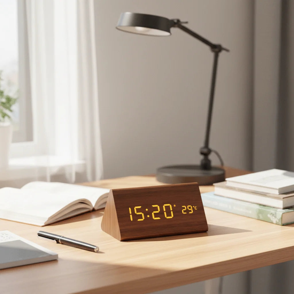 Digital Alarm Clock Wood Grain LED Time & Temperature