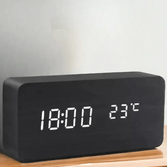 Digital Alarm Clock Wood Grain LED Time & Temperature