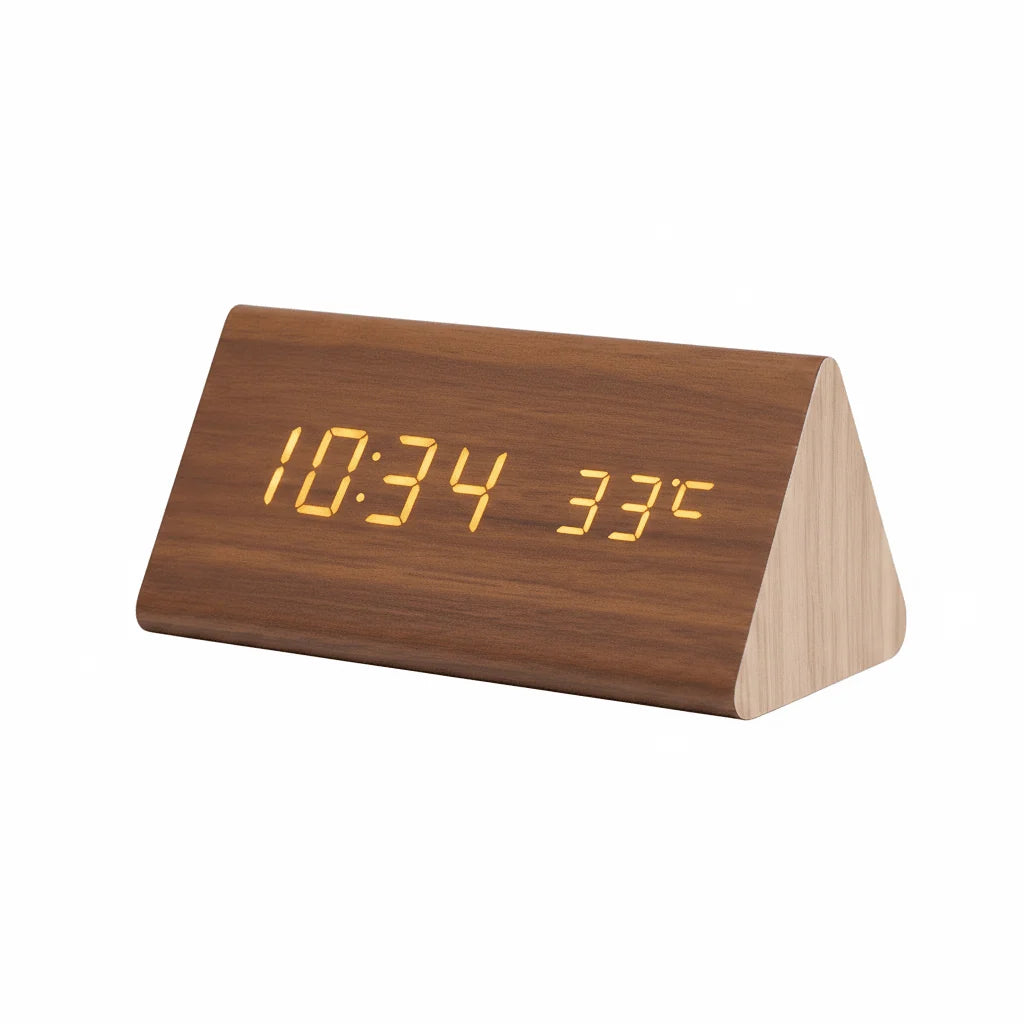 Digital Alarm Clock Wood Grain LED Time & Temperature