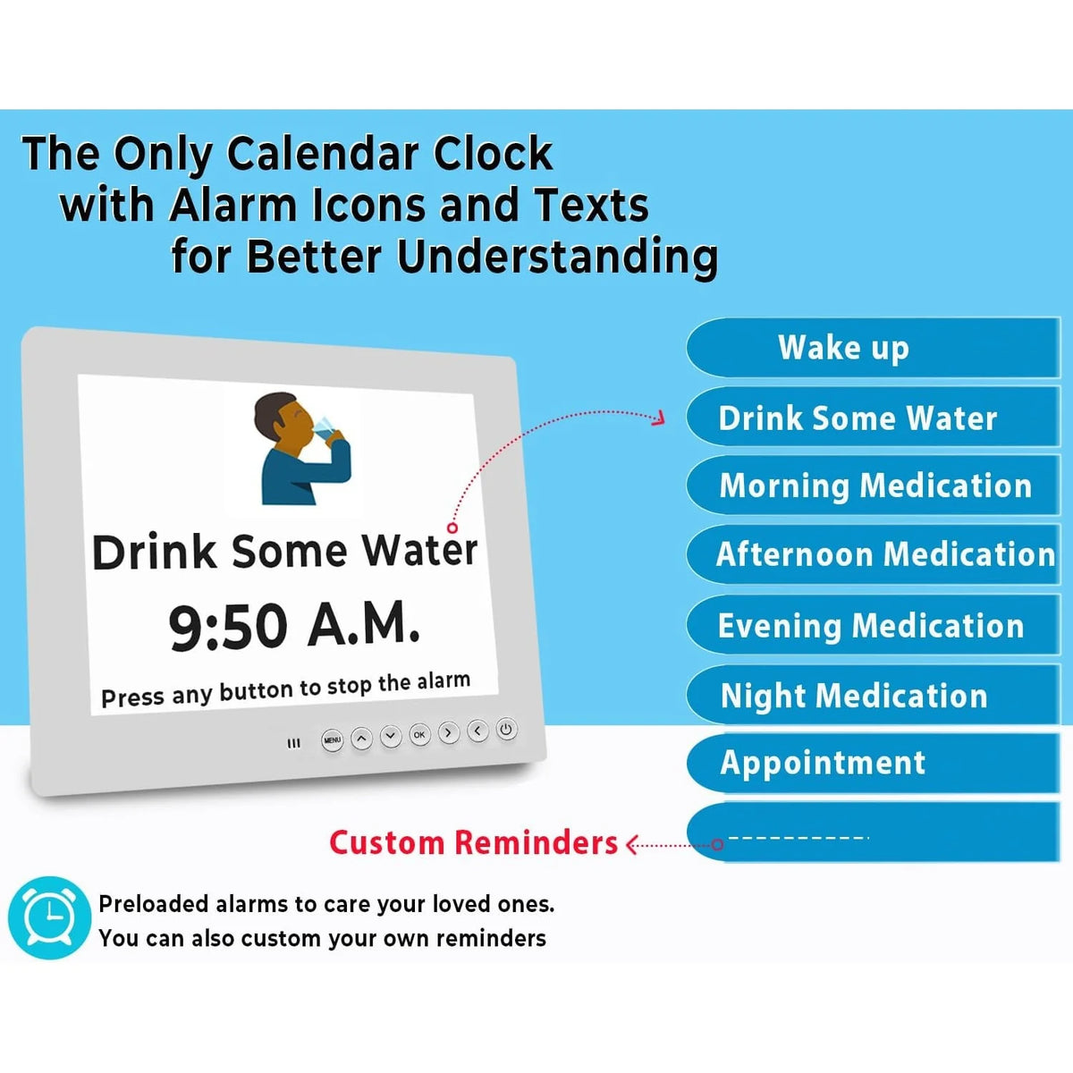 Digital Calendar Clock 11.5-Inch LED Remote & 19 Reminders