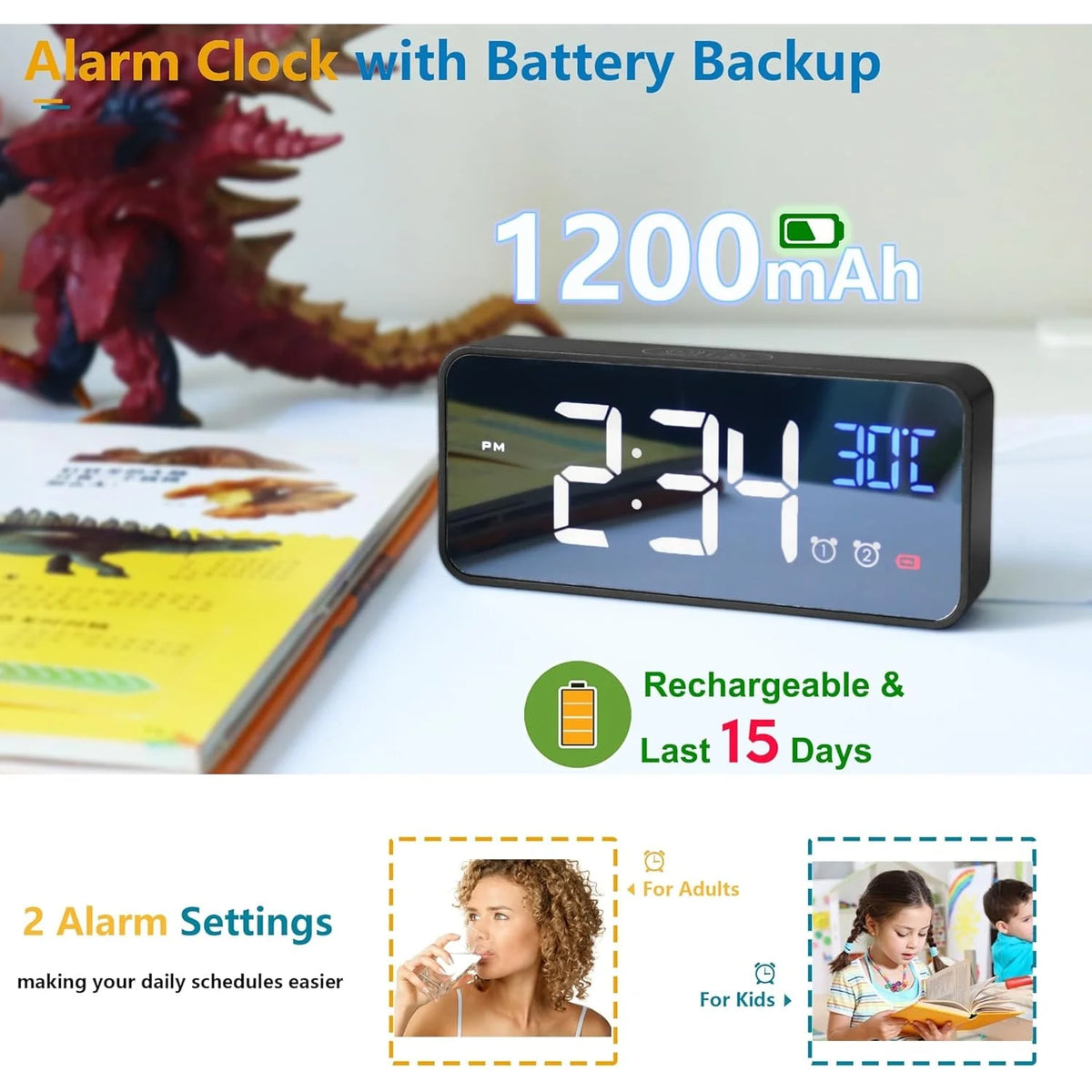 Digital Calendar Clock 11.5-Inch LED Remote & 19 Reminders