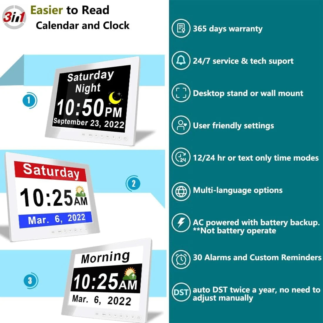 Digital Calendar Clock 11.5-Inch LED Remote & 19 Reminders