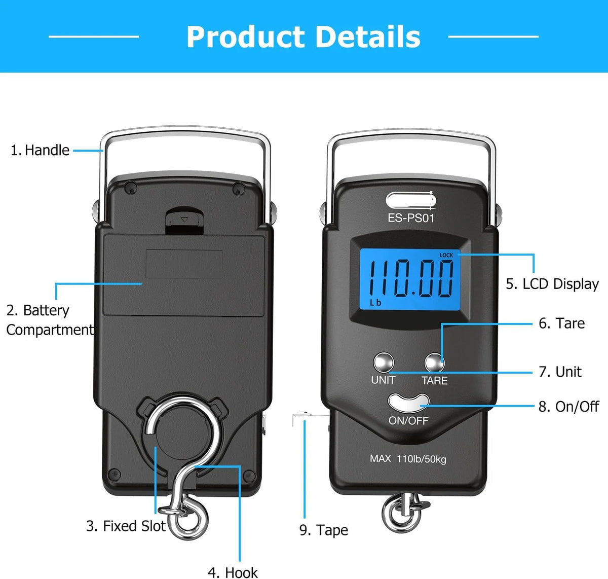 Digital Hanging Scale 110 lb With Tape Measure