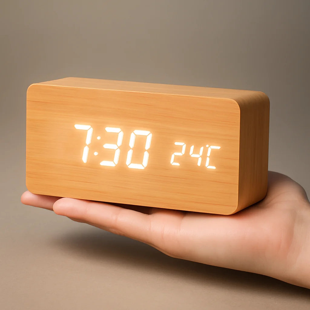 Digital LED Clock Dimmable Display Wood Finish USB Powered