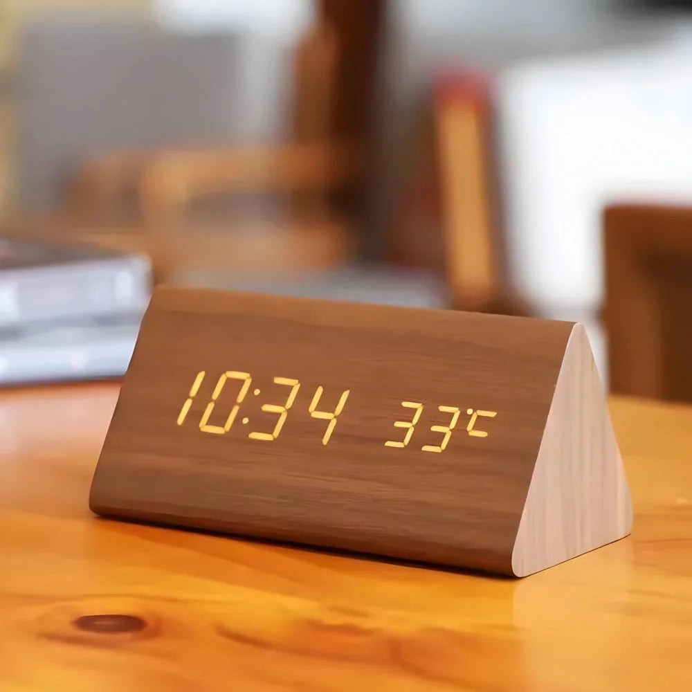 Digital LED Clock Dimmable Display Wood Finish USB Powered