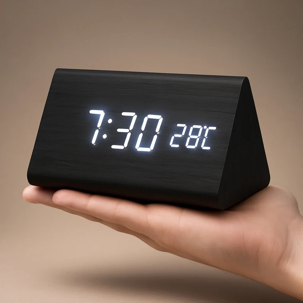Digital LED Clock Dimmable Display Wood Finish USB Powered