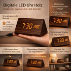 Digital LED Clock Dimmable Display Wood Finish USB Powered