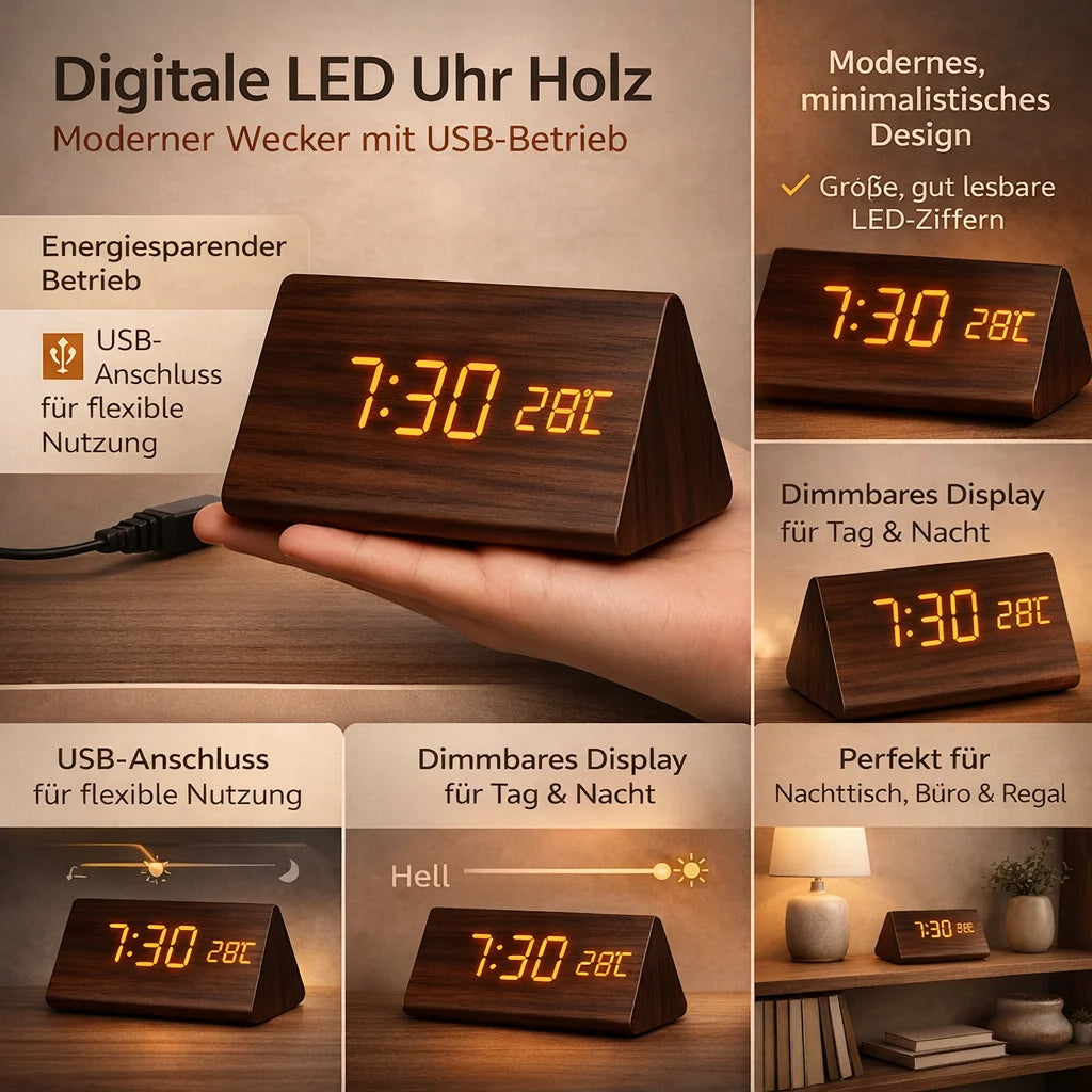 Digital LED Clock Dimmable Display Wood Finish USB Powered