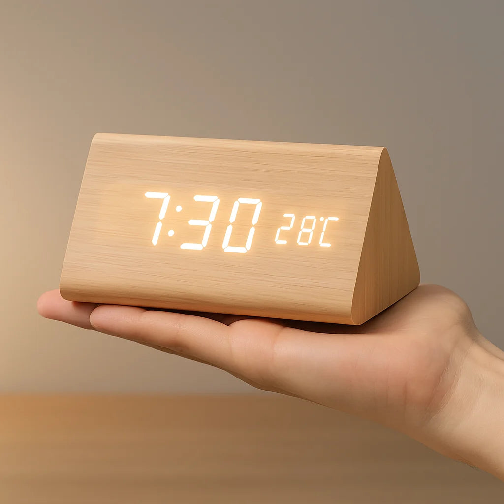 Digital LED Clock Dimmable Display Wood Finish USB Powered