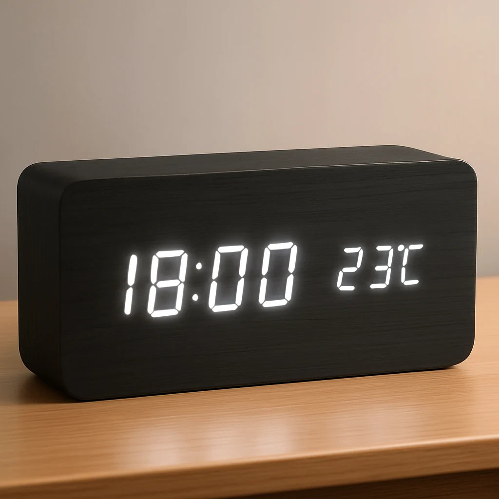 Digital LED Clock Dimmable Display Wood Finish USB Powered