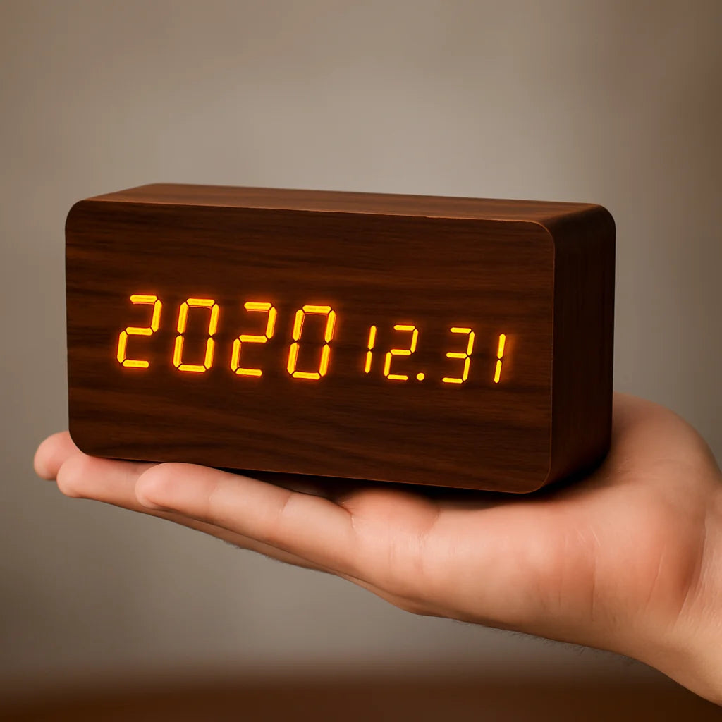 Digital LED Clock Dimmable Display Wood Finish USB Powered