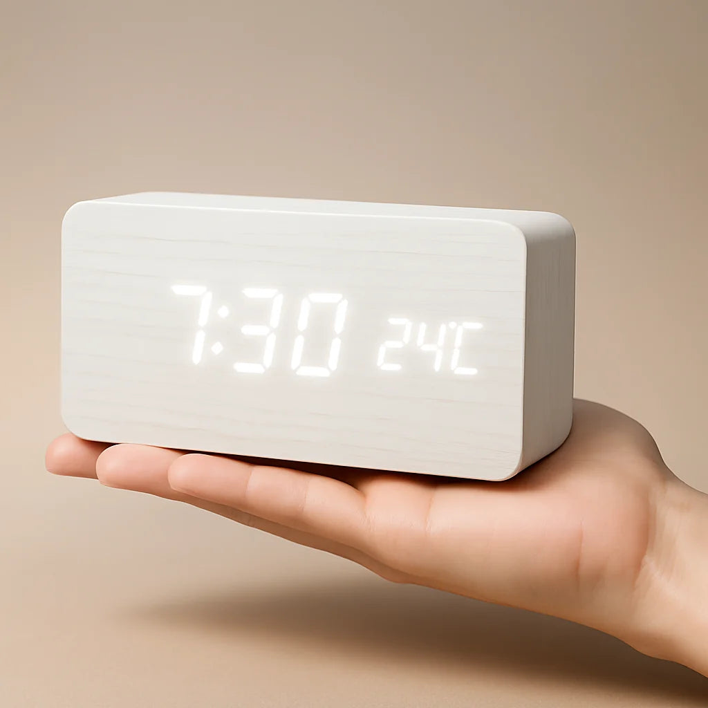 Digital LED Clock Dimmable Display Wood Finish USB Powered