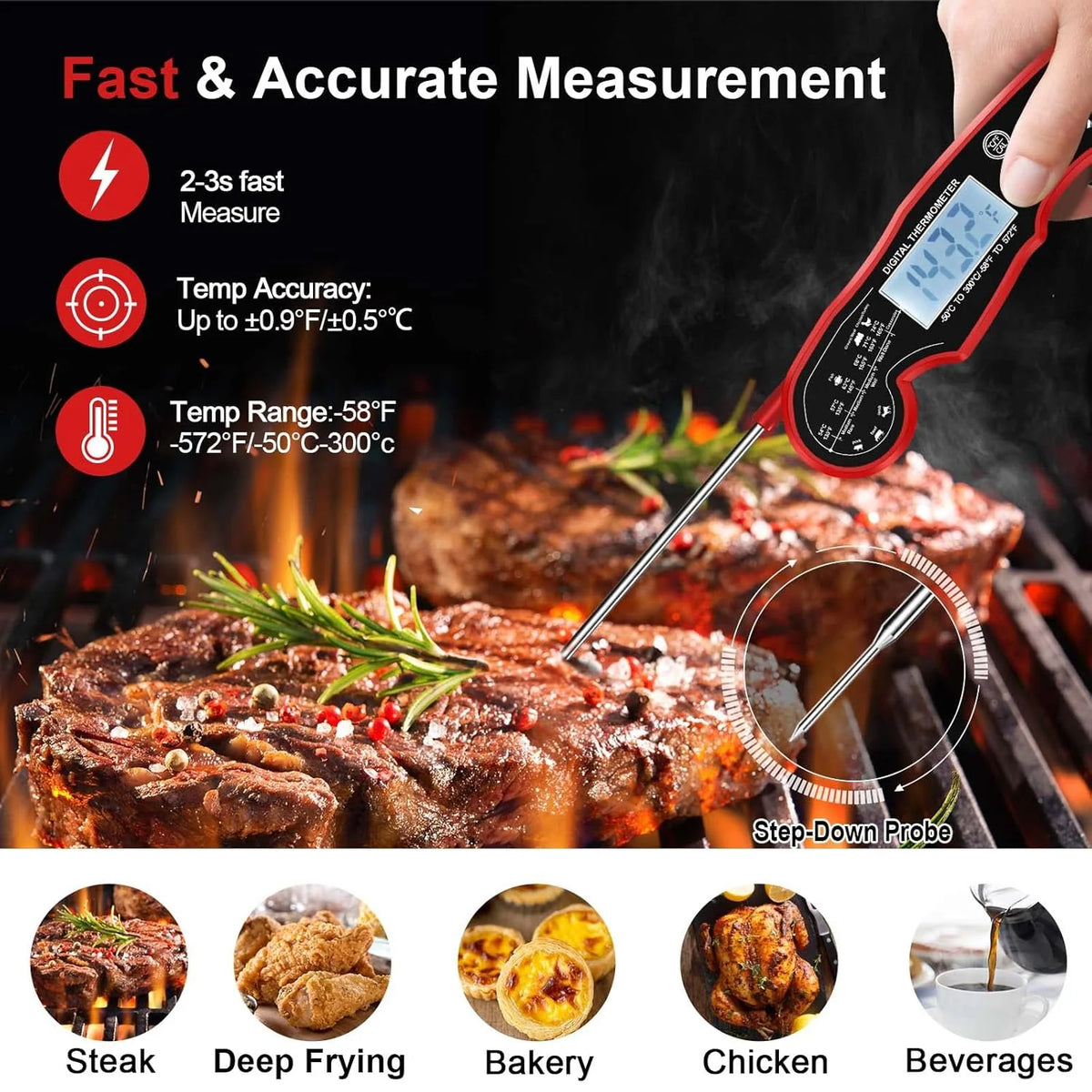 Digital Meat Thermometer Instant Read Waterproof Backlight LCD