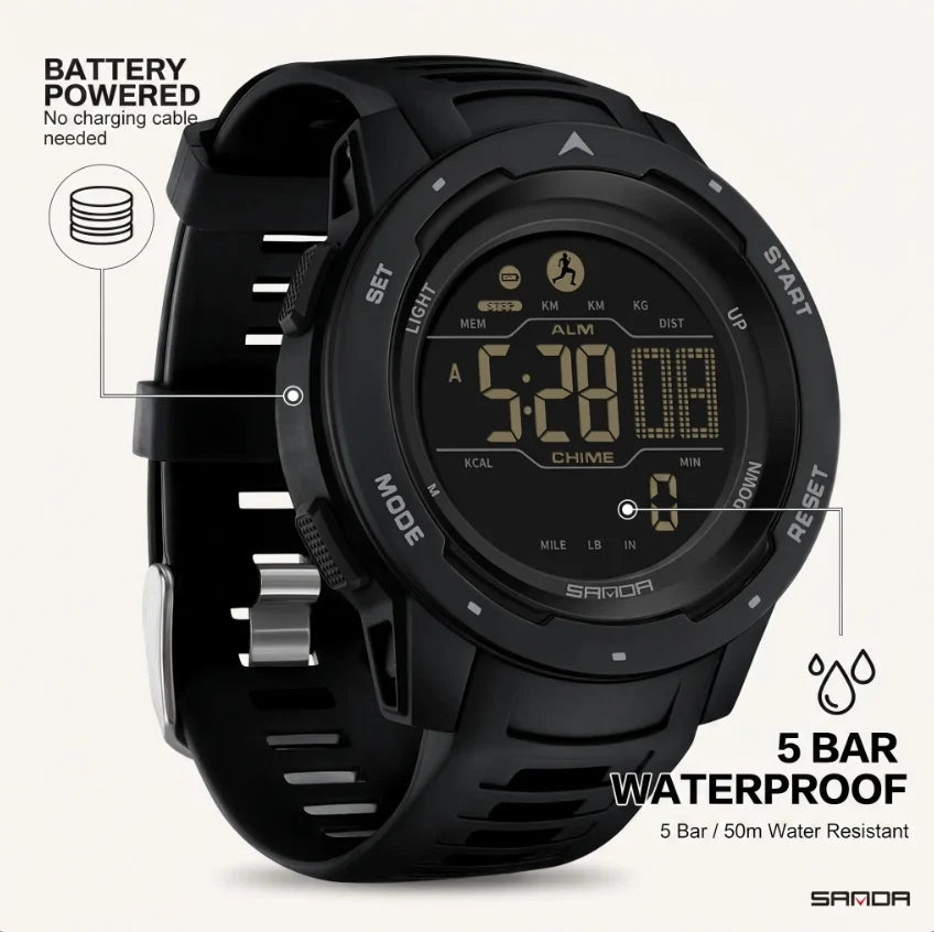 Digital Sports Watch Pedometer 5 ATM Rubber Strap