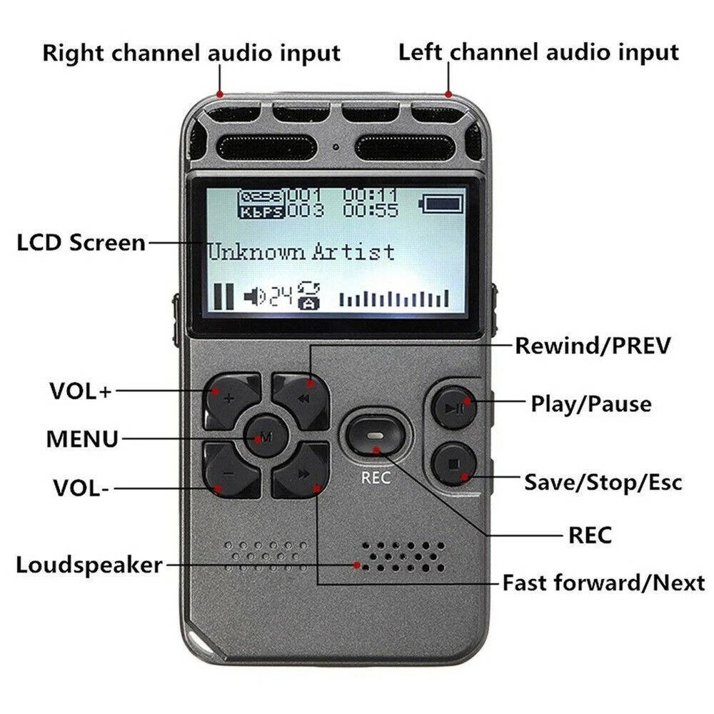 Digital Voice Recorder Rechargeable Built-In Speaker Expandable To 64GB