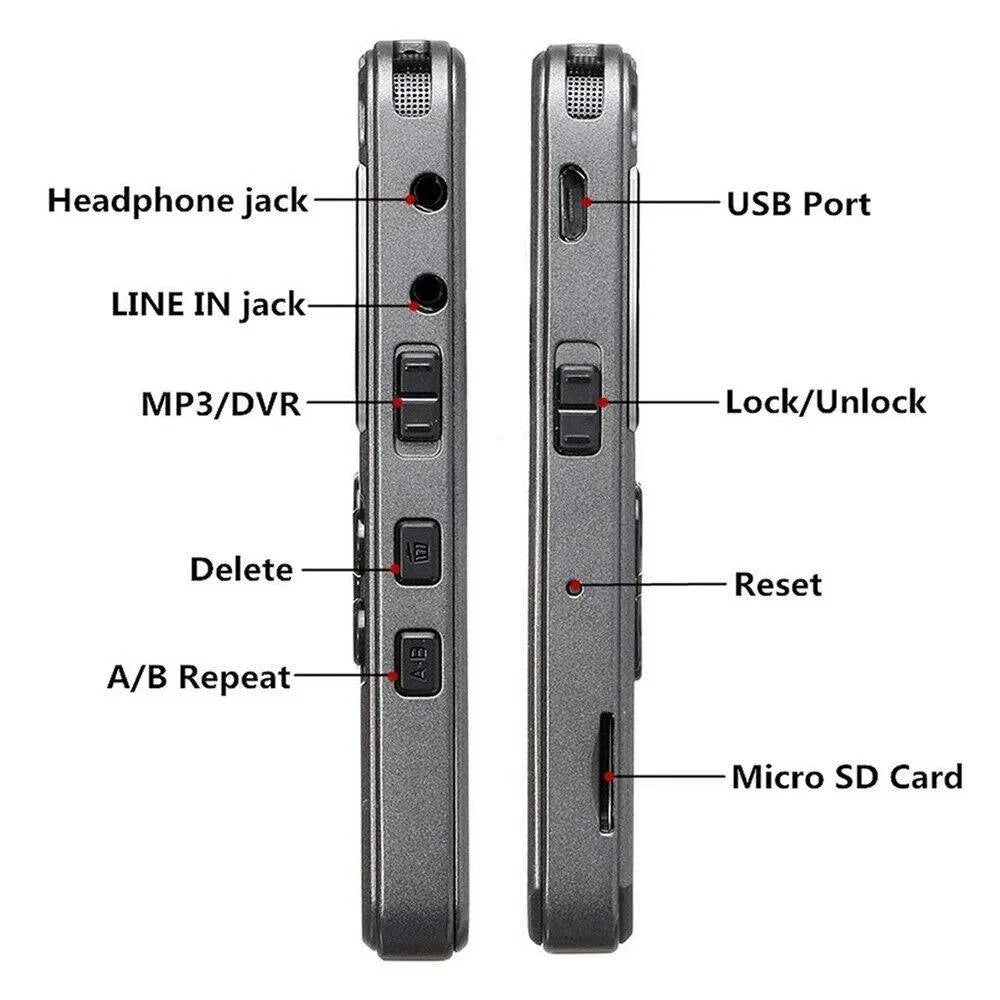 Digital Voice Recorder Rechargeable Built-In Speaker Expandable To 64GB