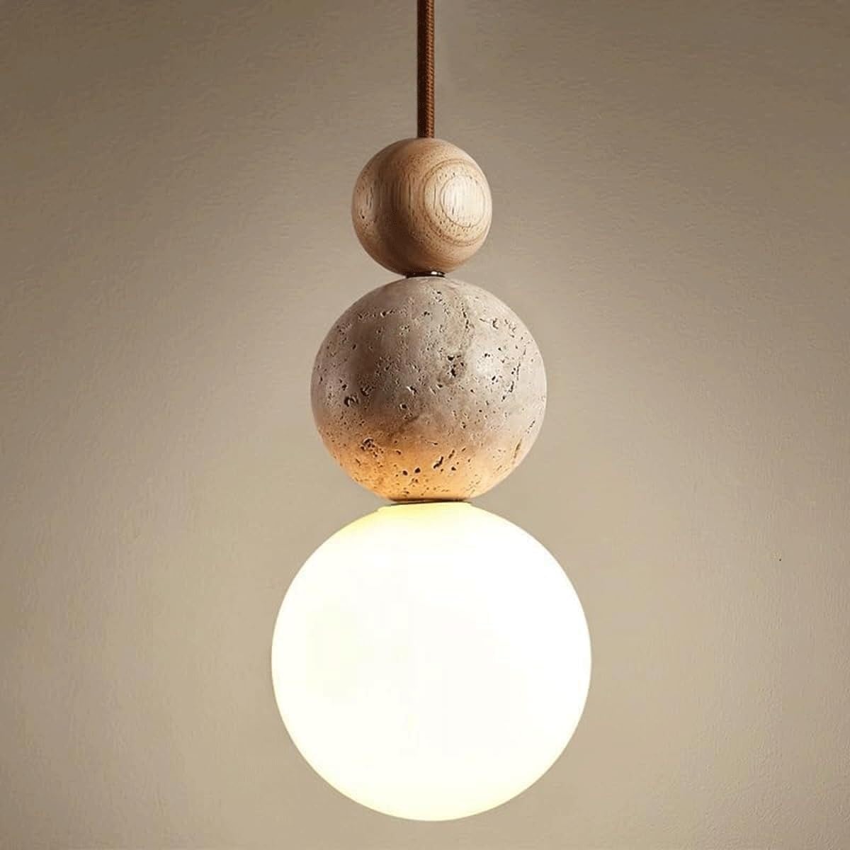 Dimmable LED Travertine & Wood Pendant Light