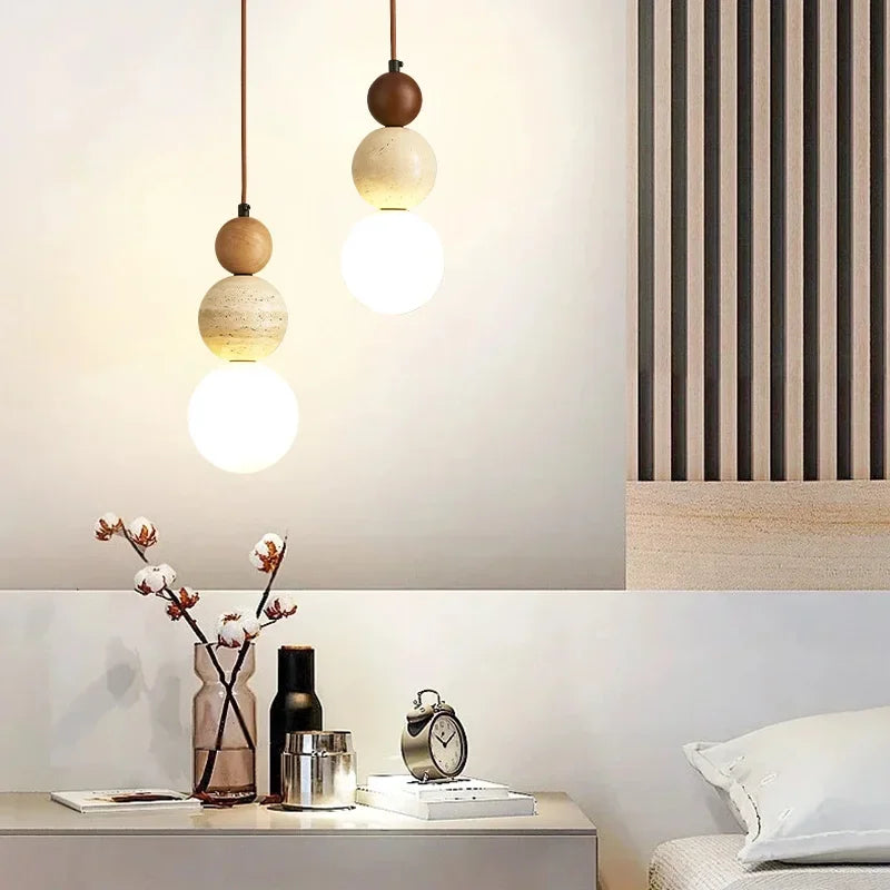 Dimmable LED Travertine & Wood Pendant Light
