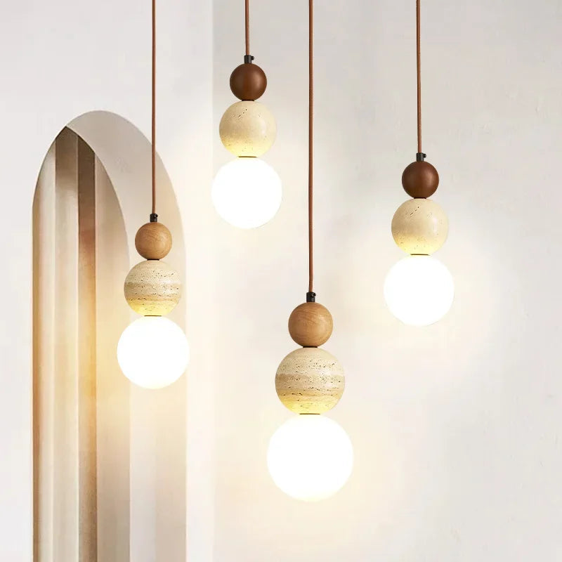 Dimmable LED Travertine & Wood Pendant Light