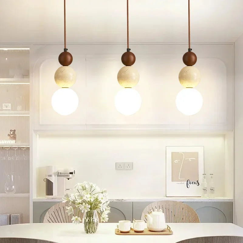 Dimmable LED Travertine & Wood Pendant Light