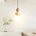 Dimmable LED Travertine & Wood Pendant Light